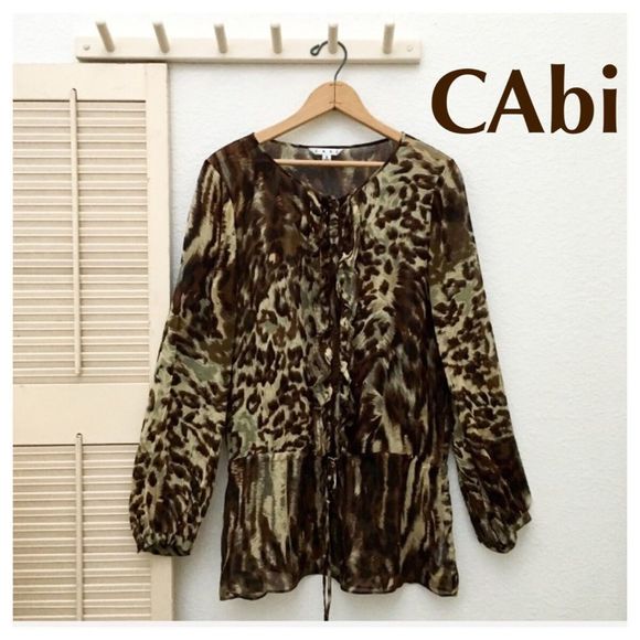 CAbi 806 Silk Crêpe Tunic, Animal Print, Drop Peplum, Semi Sheer, Small, GUC - Picture 2 of 7